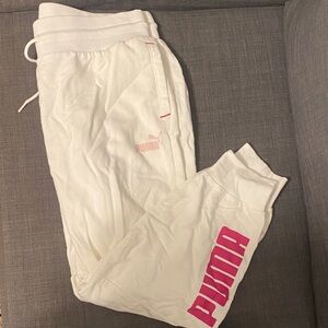 PUMA Women's White Joggers with Pink Logo
